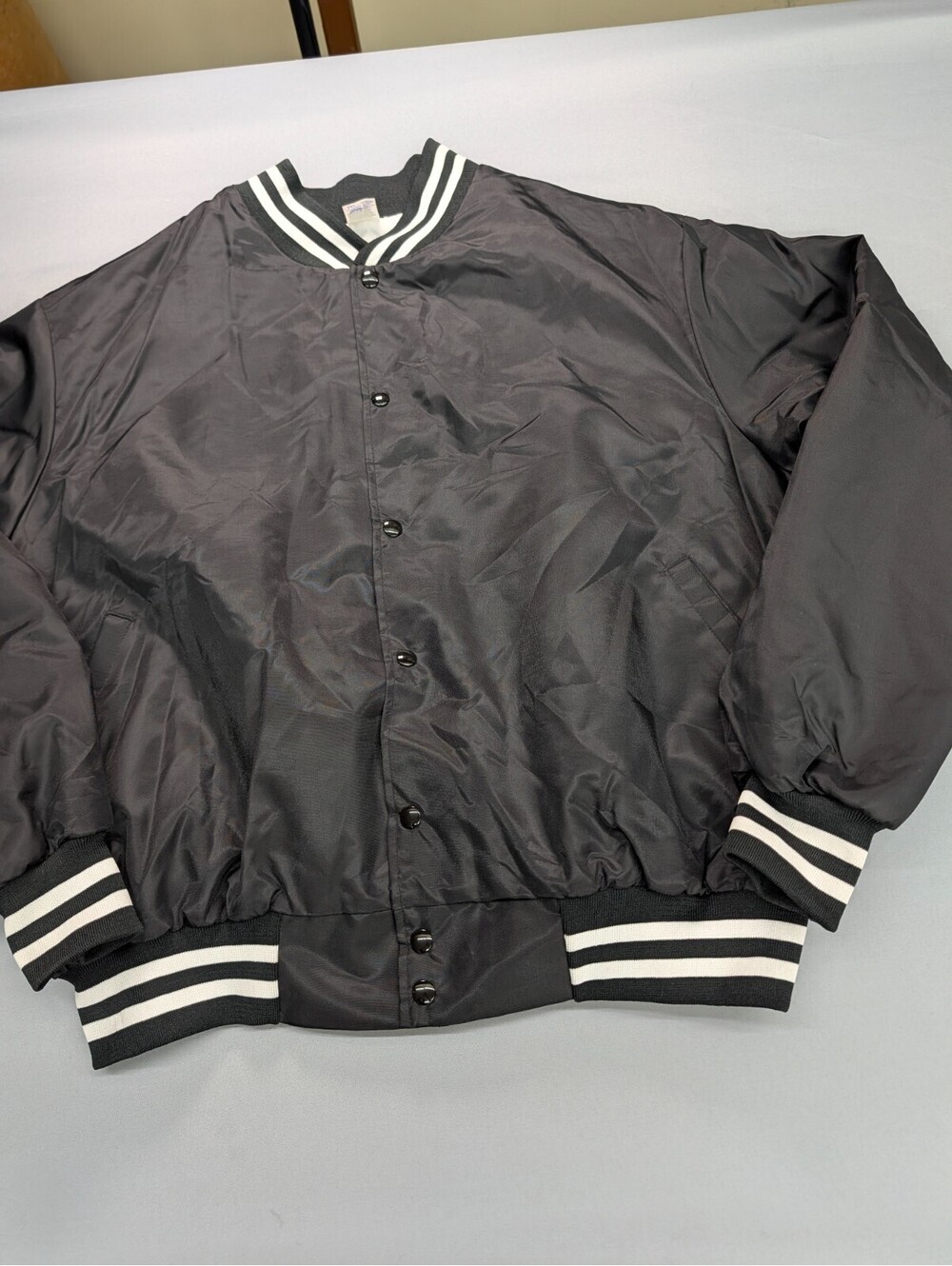 Vintage Varsity Bomber Jacket 2XL Black Snap Satin Made USA
